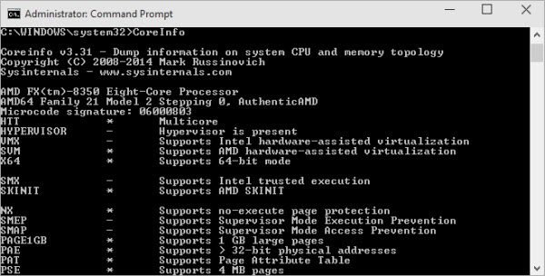 Uma imagem da ferramenta CoreInfo da Microsoft para conhecer as características e capacidades do processador do seu computador CoreInfo