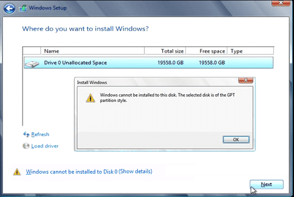 Een afbeelding van het probleem “Windows kan niet op deze schijf worden geïnstalleerd” bij het installeren van Windows en hoe u dit kunt oplossen Win8GPTEerror