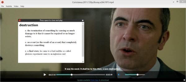 Ein Bild des Medio-Programms, um durch einfaches Anklicken eine Erklärung eines beliebigen Wortes in den Filmuntertiteln anzuzeigen mittel