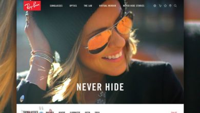 Una imagen de un sitio que te ofrece la posibilidad de probarte todo tipo de gafas usando la cámara de tu teléfono o computadora. rayban_website_dribbble_display_800