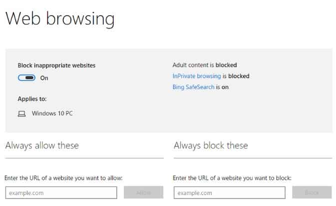 Windows 10 家長監護功能可封鎖網站