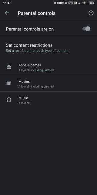 menu di controllo parentale di Google Play