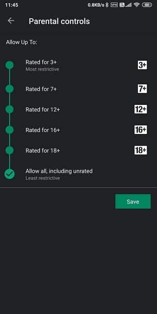 opzioni di controllo parentale di Google Play