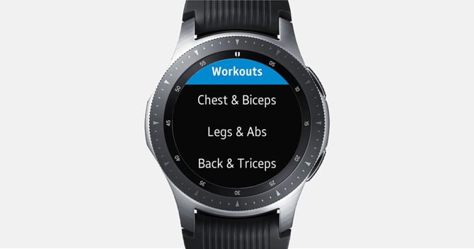 Galaxy Watch 的螢幕截圖顯示了不同類型的鍛煉