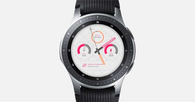 Galaxy Watch 的螢幕截圖,螢幕上顯示 Puji 應用客製化的錶盤