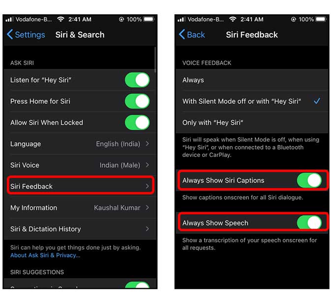 開啟 Siri 回饋並啟用 Siri 字幕