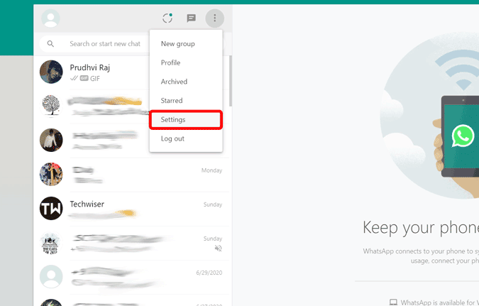 Apertura delle impostazioni su WhatsApp Web