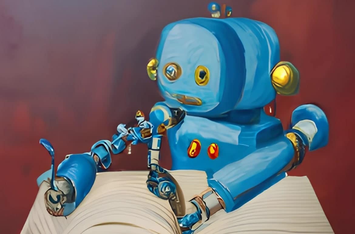 AI 창작물의 저작권은 누구에게 있습니까? 이러한 예술 작품의 저작권은 어떻게 적용됩니까? | craiyon_121249_an_oil_painting_of_a_robot_bending_down_to_write_a_book-min