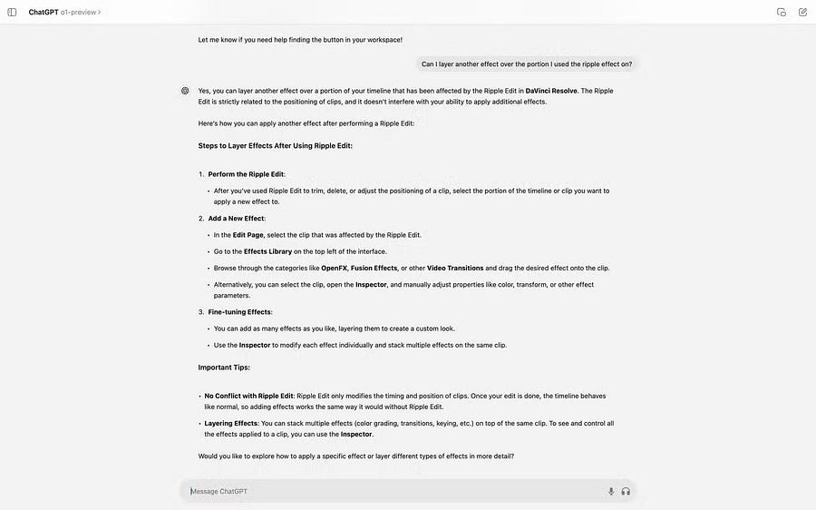 與 ChatGPT 就使用 DaVinci Resolve 編輯影片的對話