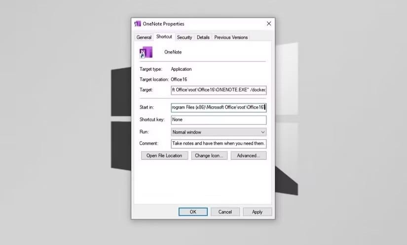 Используйте собственный ярлык на рабочем столе, чтобы запустить OneNote непосредственно в закрепленном режиме.