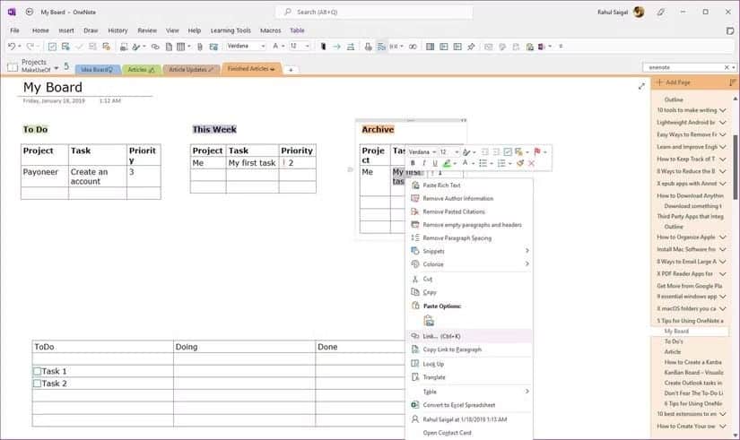 Создайте доску Канбан в OneNote