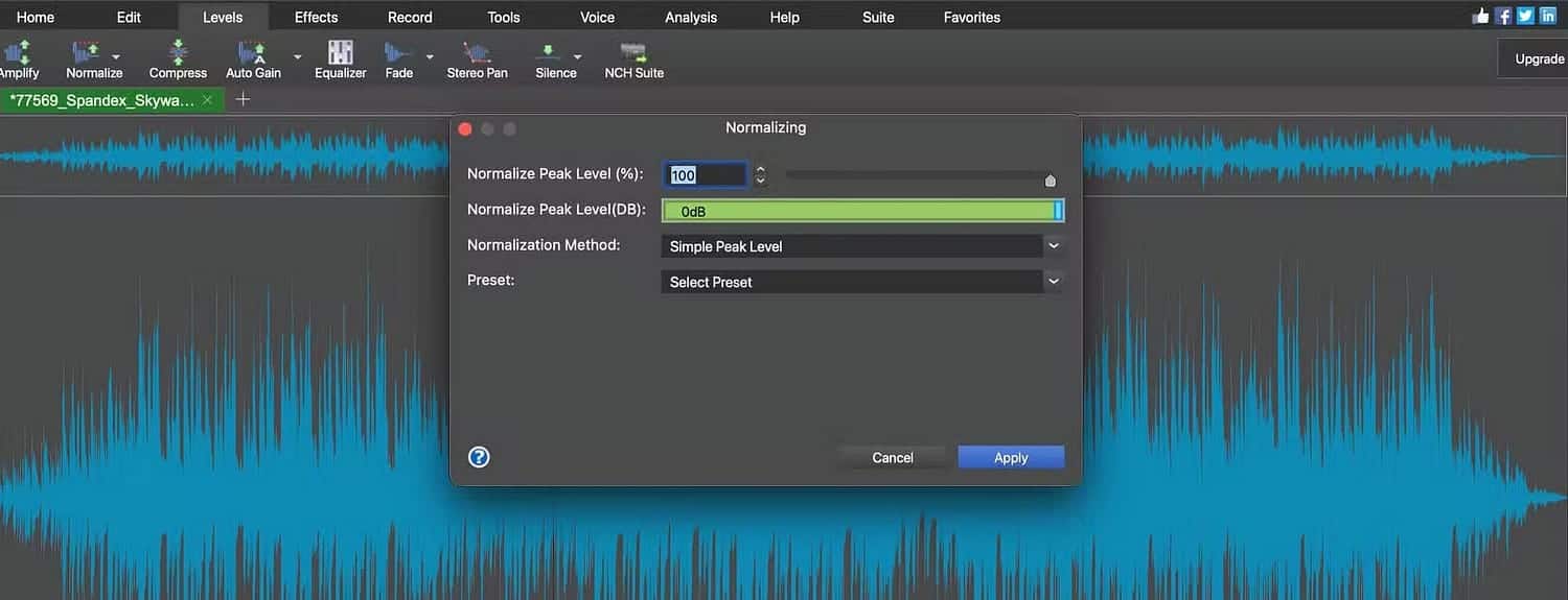 Управляйте уровнем звука в WavePad