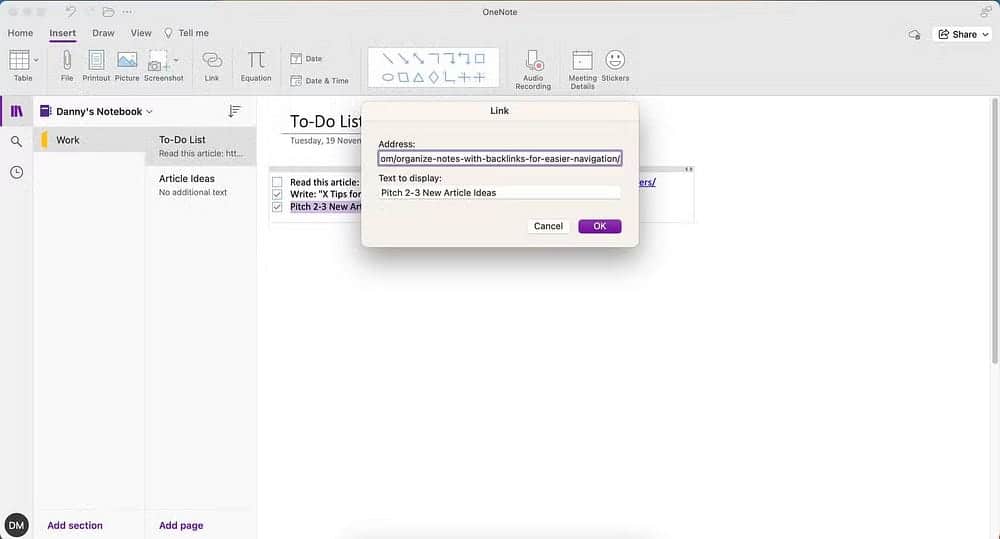 Свяжите свои 2 страницы в OneNote