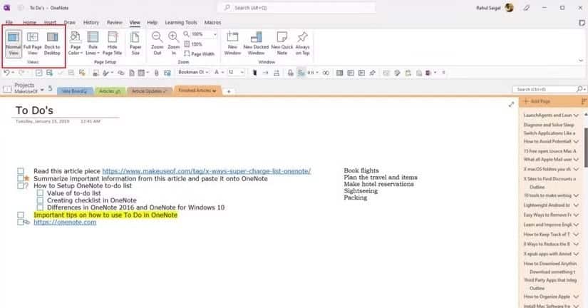 Закрепите OneNote для лучшего управления списком дел.