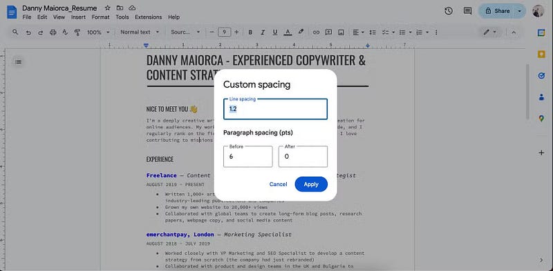 Options d'espacement dans Google Docs