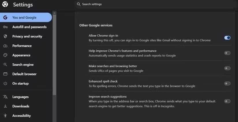 4. 阻止 Chrome 發送資料以改善搜尋和瀏覽體驗