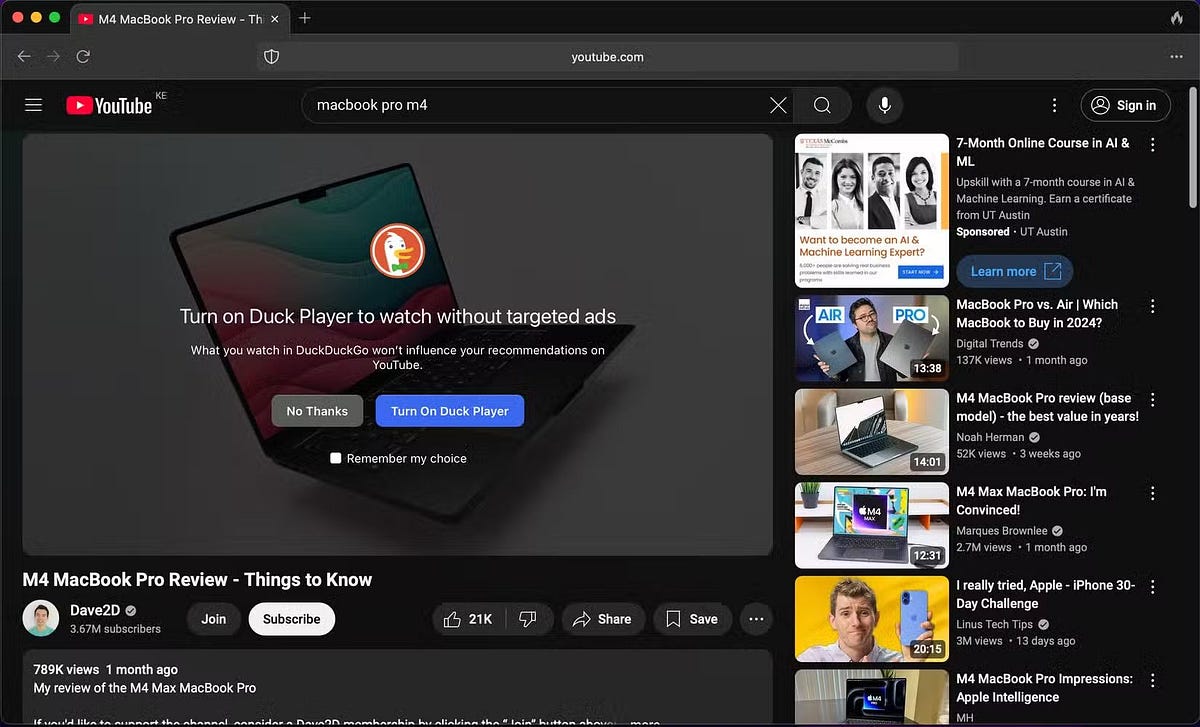 Caractéristiques : le navigateur DuckDuckGo dispose d'une visionneuse YouTube spéciale