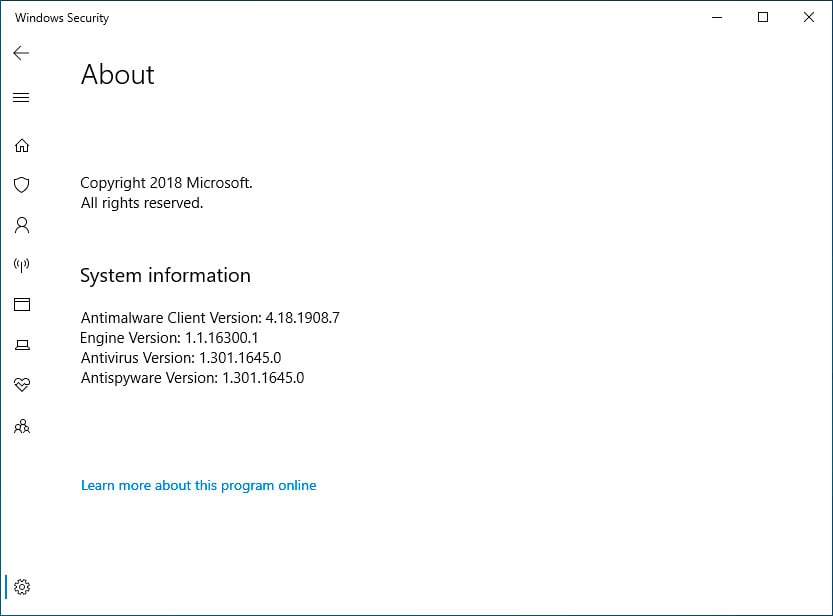 Страница «О программе» в разделе «Безопасность в Windows»