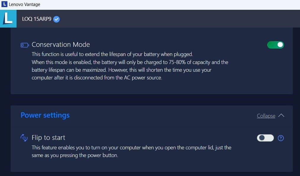 Επιλογή λειτουργίας αποθήκευσης στο Lenovo Vantage