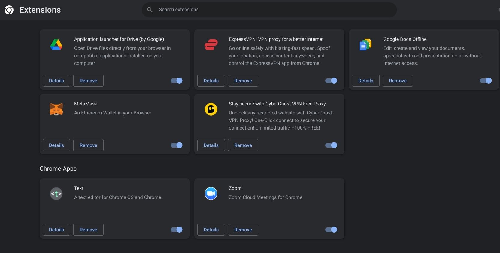Zrzut ekranu strony rozszerzeń Chrome