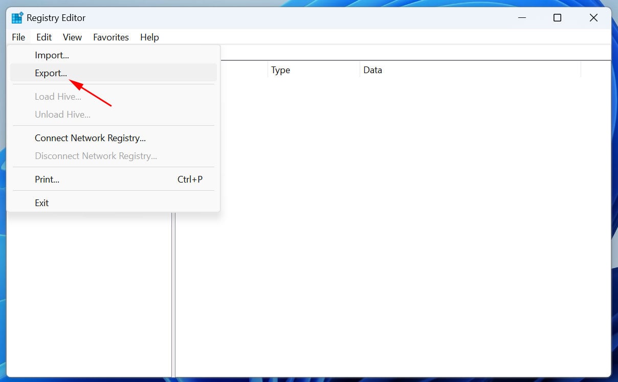 Seleziona l'opzione di esportazione nell'editor del registro di Windows