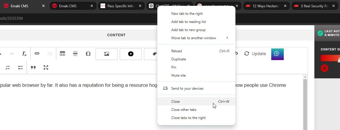 opcja menu Zamknij kartę w Google Chrome