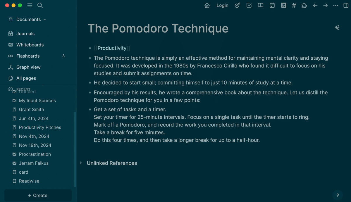 Una pagina sulla tecnica del Pomodoro in Logseq