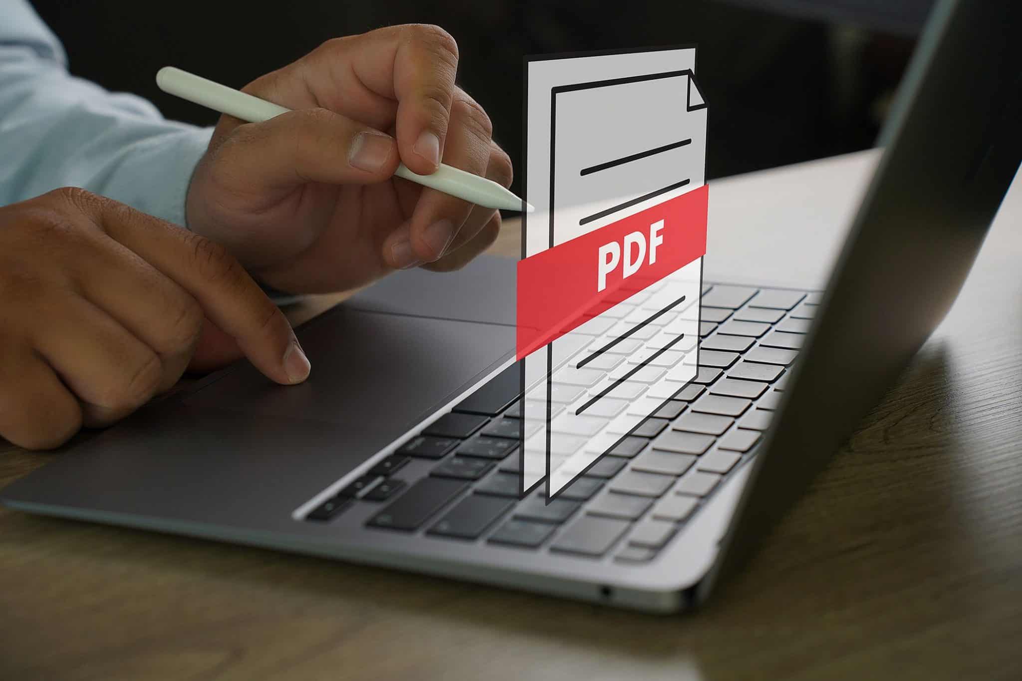 Una persona che utilizza un laptop su cui è visualizzata l'icona PDF