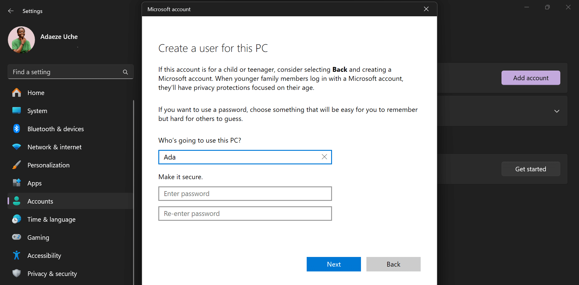 Windows 11 PC 上的「設定」應用程式中顯示的「為此 PC 建立使用者」對話框