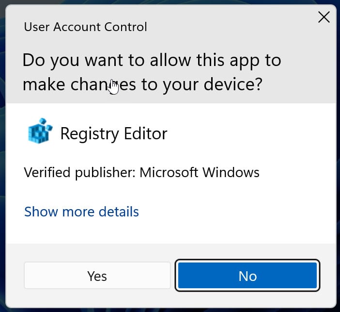 Finestra di dialogo Controllo account utente (UAC) dell'editor del registro di sistema