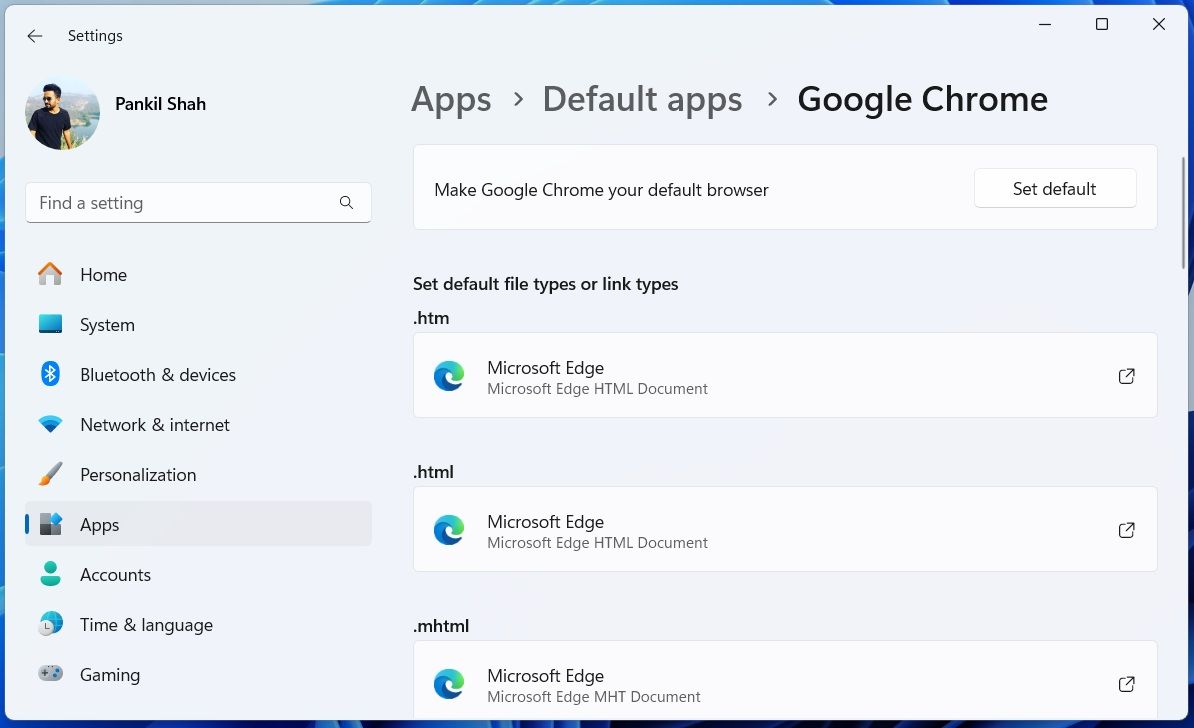 Ρυθμίσεις εφαρμογών των Windows 11 που εμφανίζουν τη λίστα των προεπιλεγμένων εφαρμογών