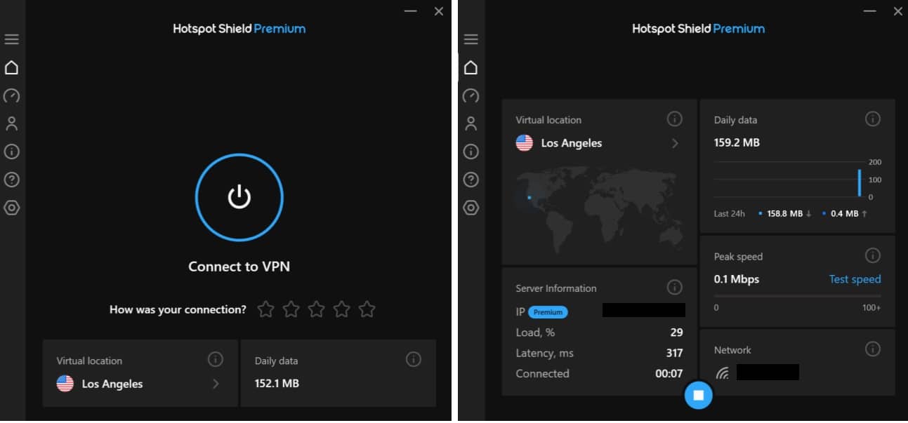 Screenshot dell'app Hotspot Shield su Windows