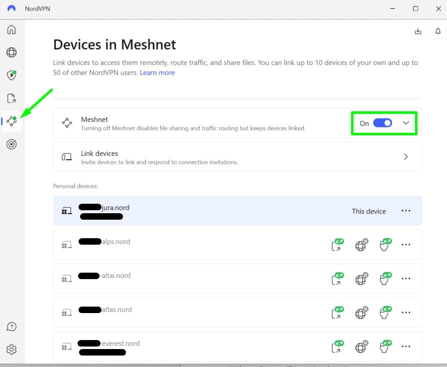 Screenshot delle impostazioni Meshnet in NordVPN