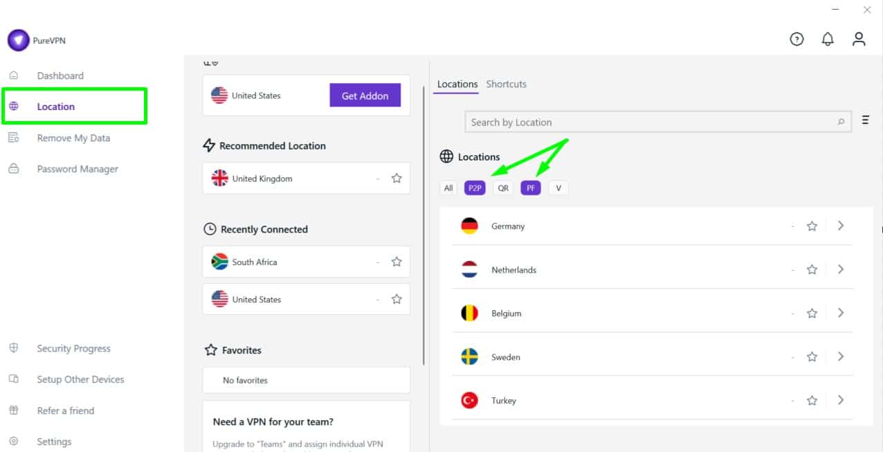 Filtra l'elenco dei server PureVPN utilizzando i pulsanti filtro.