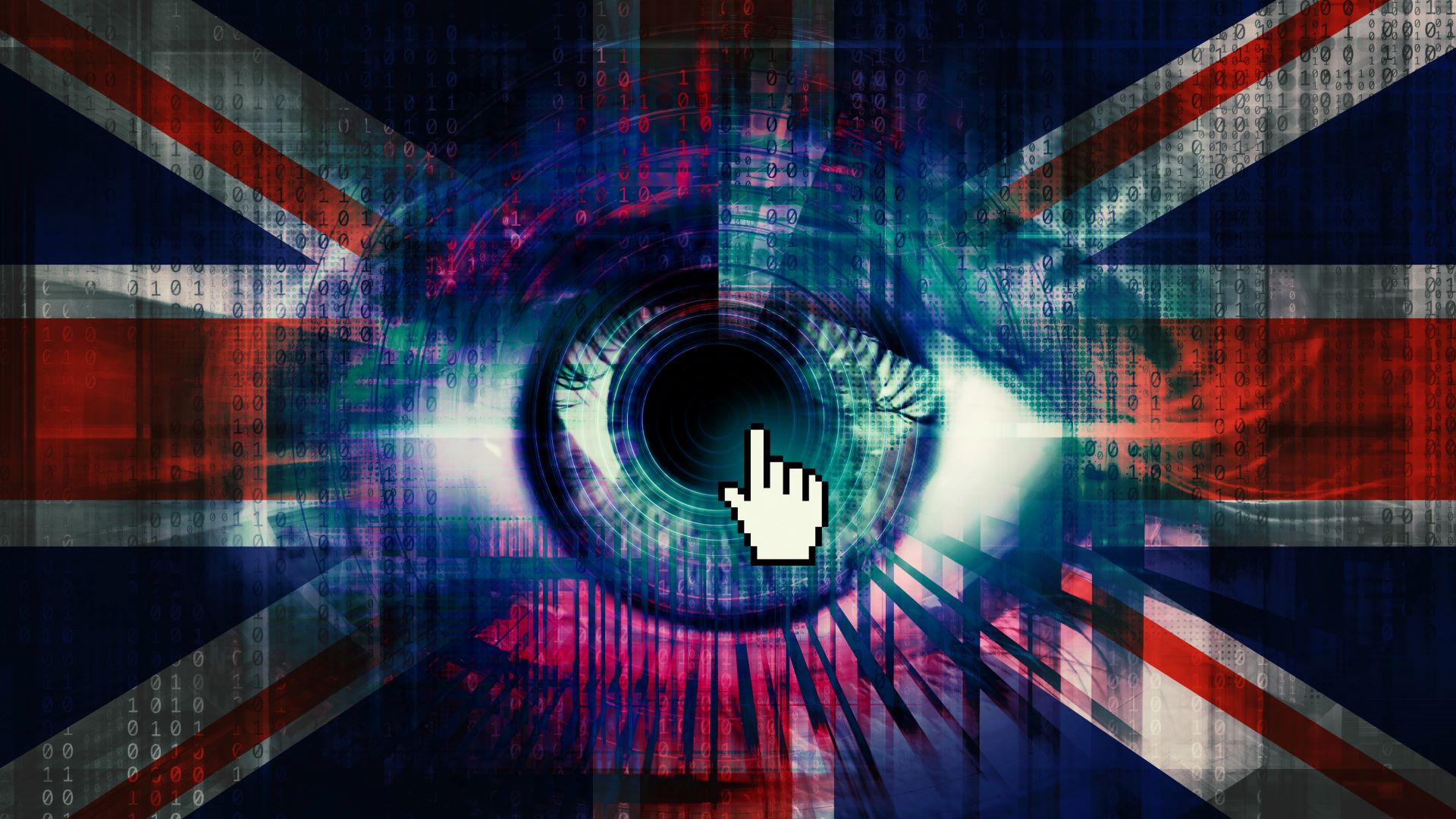 Image composite d'un œil numérique et d'un drapeau britannique