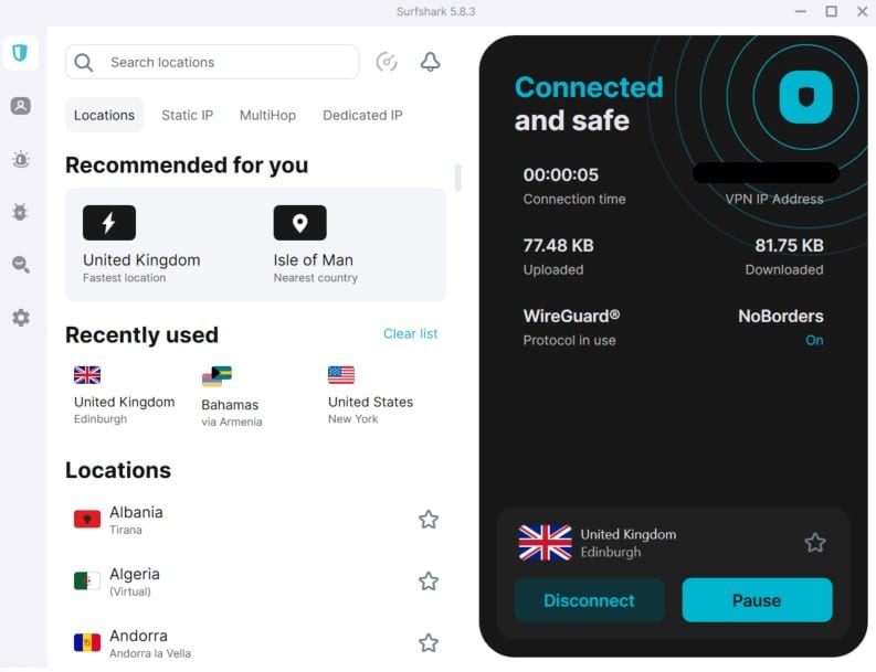 Screenshot dell'app Surfshark su Windows