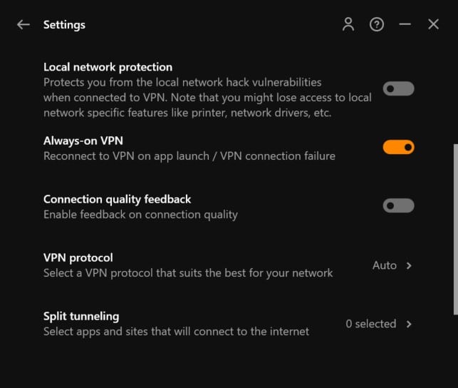 Screenshot del menu delle impostazioni di UltraVPN