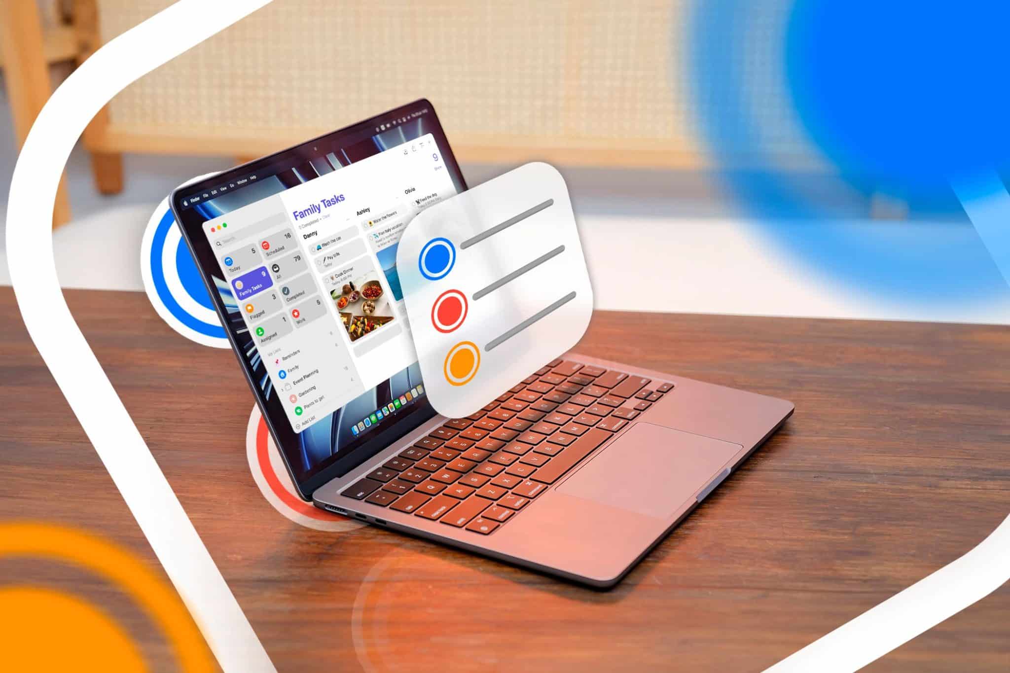 MacBook mit geöffneter Erinnerungs-App und App-Logo über der Tastatur