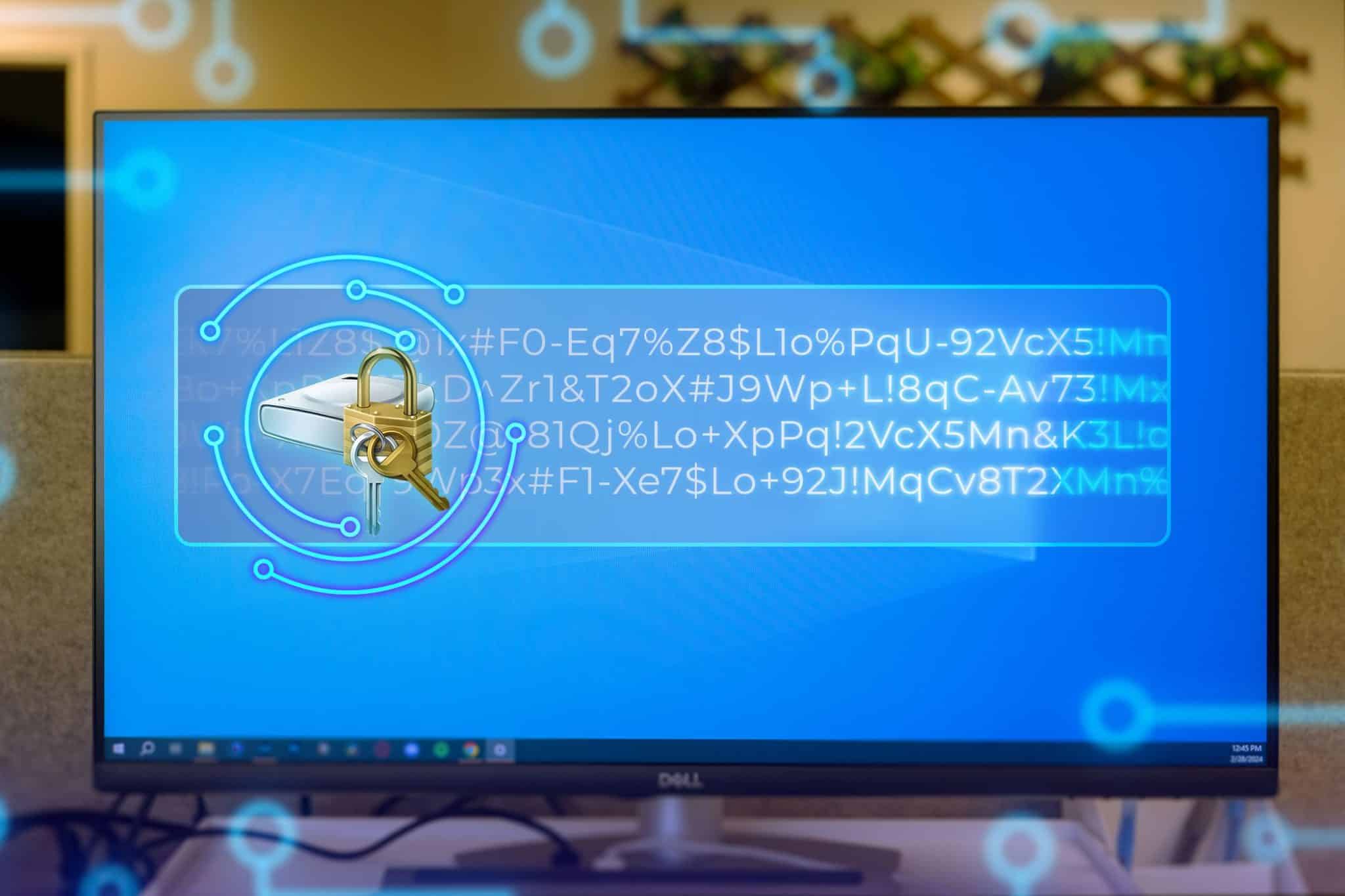 一台裝有 Windows 11 的 PC 螢幕,中間有一個 BitLocker 圖標,上面有一些程式碼。 -1