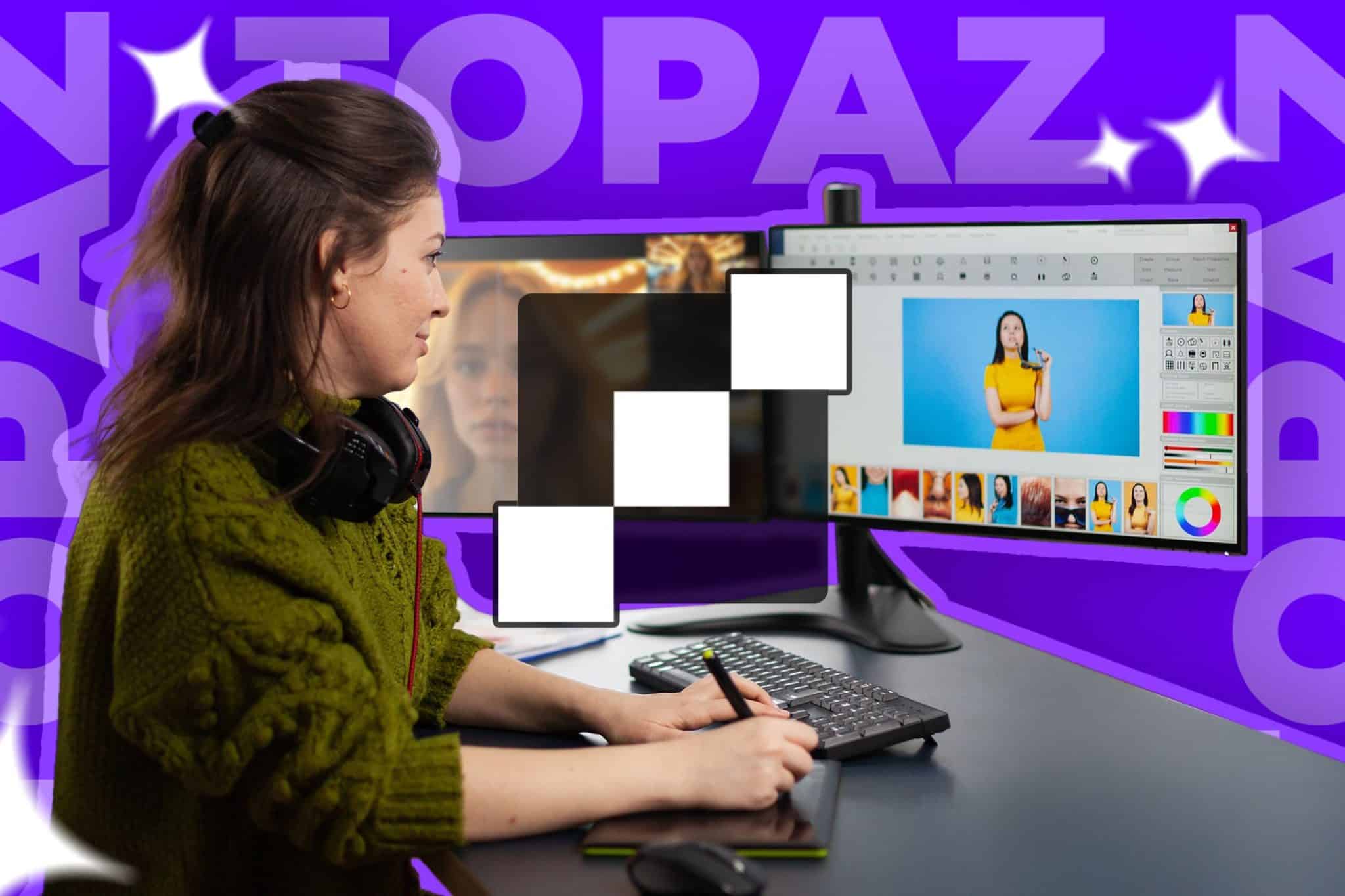 Donna che modifica una foto sul suo computer con il logo Topaz e alcuni effetti scintillanti creati dall'intelligenza artificiale.