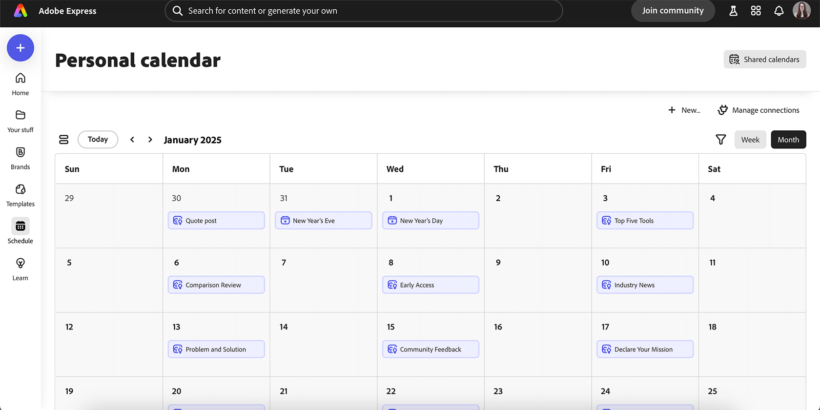 Calendario dei contenuti di Adobe Express