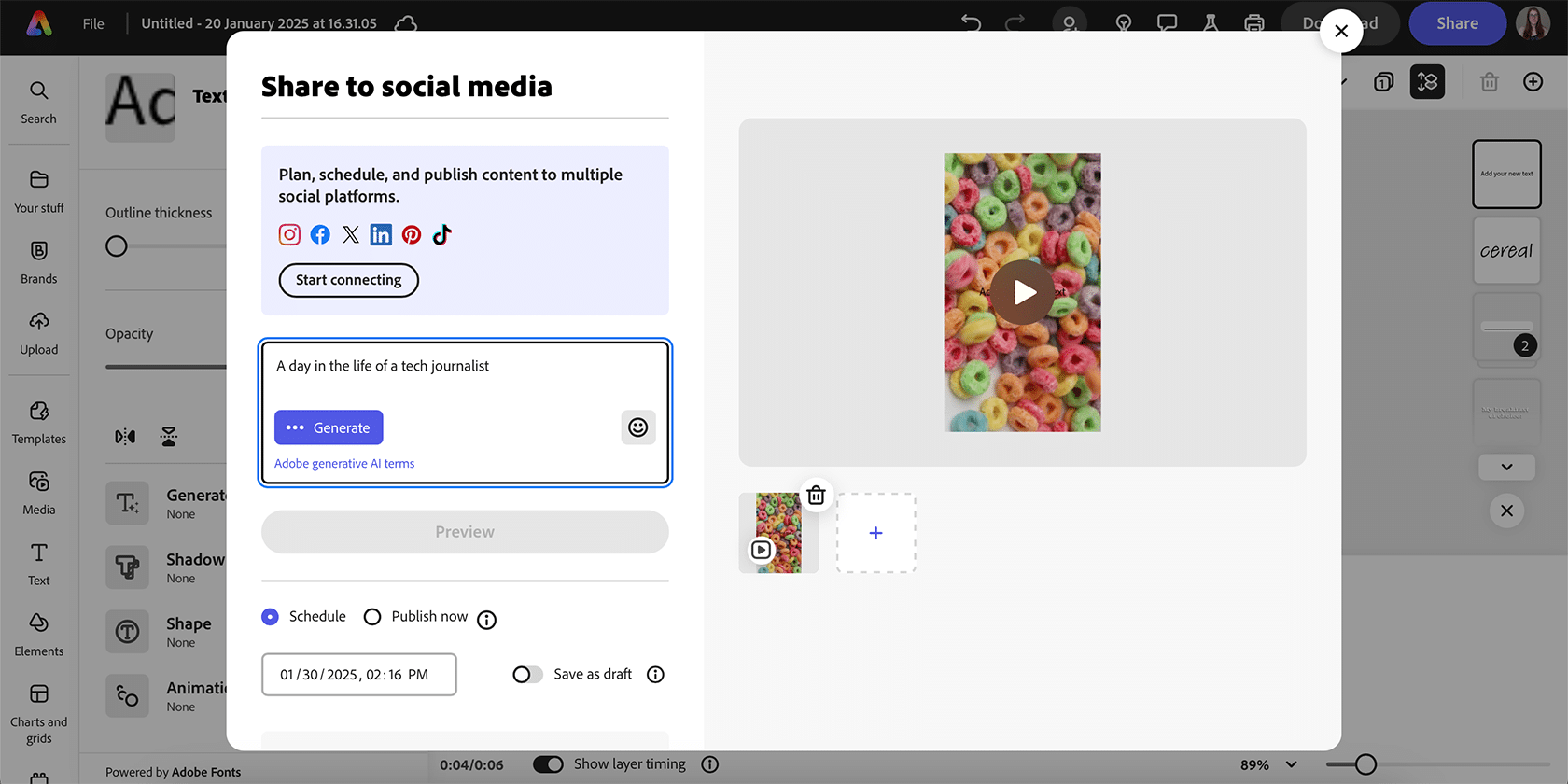 Popup di condivisione sui social media di Adobe Express