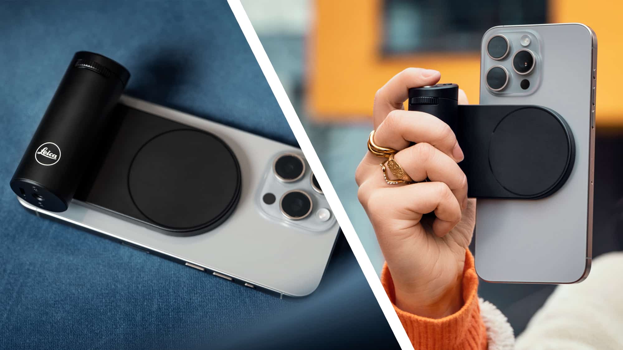 Uchwyt Leica LUX do iPhone’a na niebieskiej powierzchni obok dłoni trzymającej go podłączonego do iPhone’a