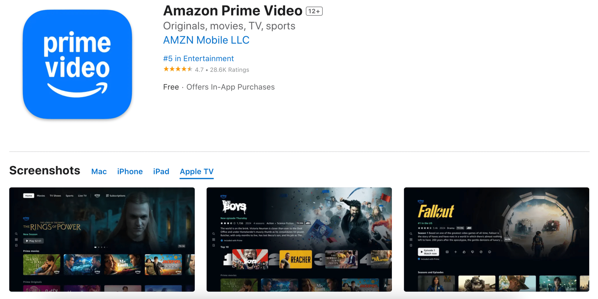 De Amazon Prime Video-app in de App Store van Apple