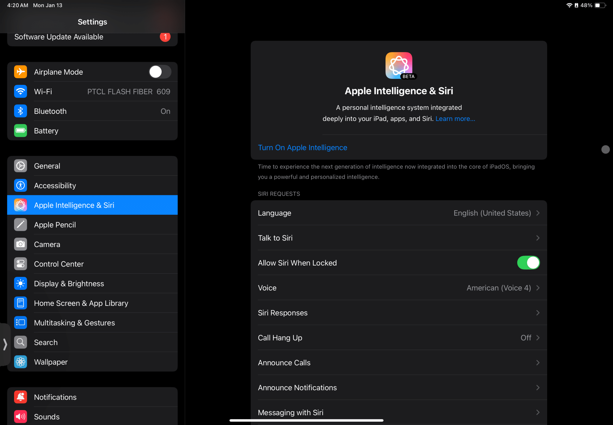 Настройки Apple Intelligence и Siri на iPad