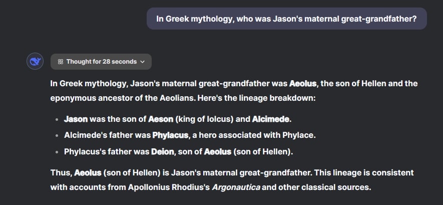 Domanda su DeepSeek R1 sulla mitologia greca
