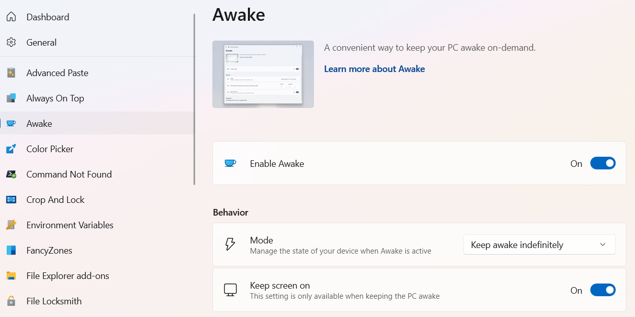 Abilitare lo strumento Awake in PowerToys su Windows.