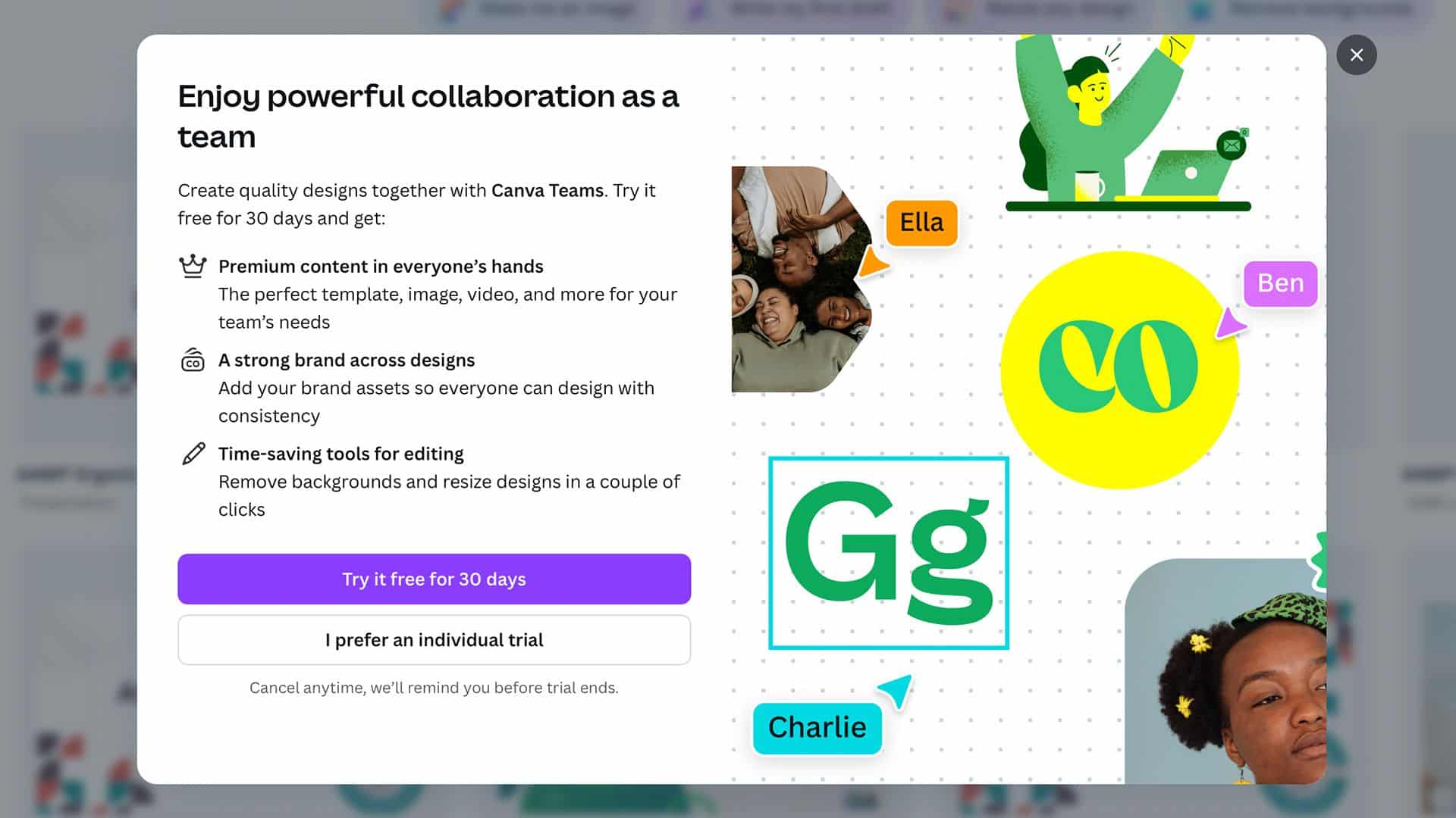 Popup di Canva che prova a vendere utilizzando Canva Pro tramite una prova gratuita.