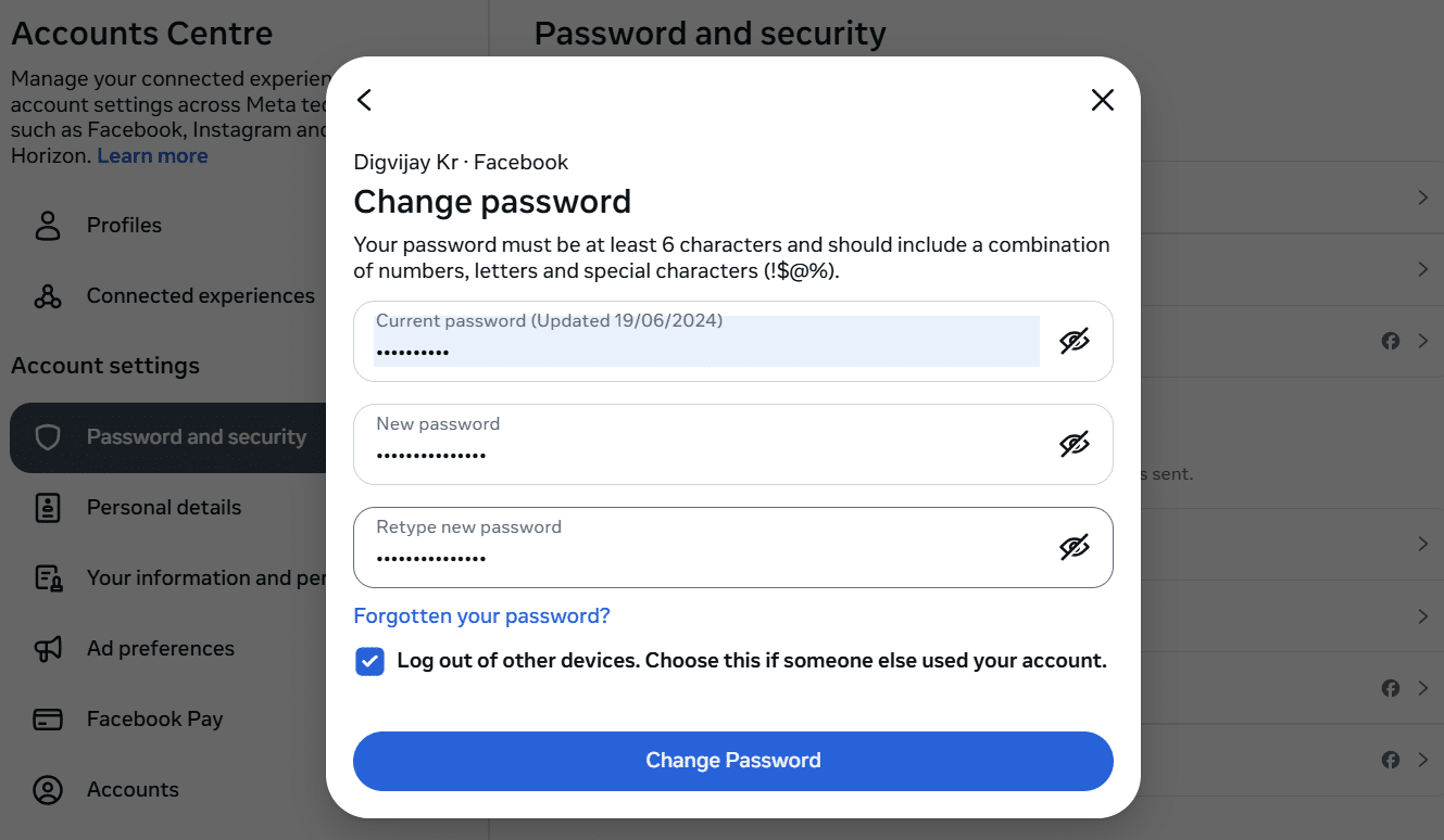 Изменение пароля Facebook