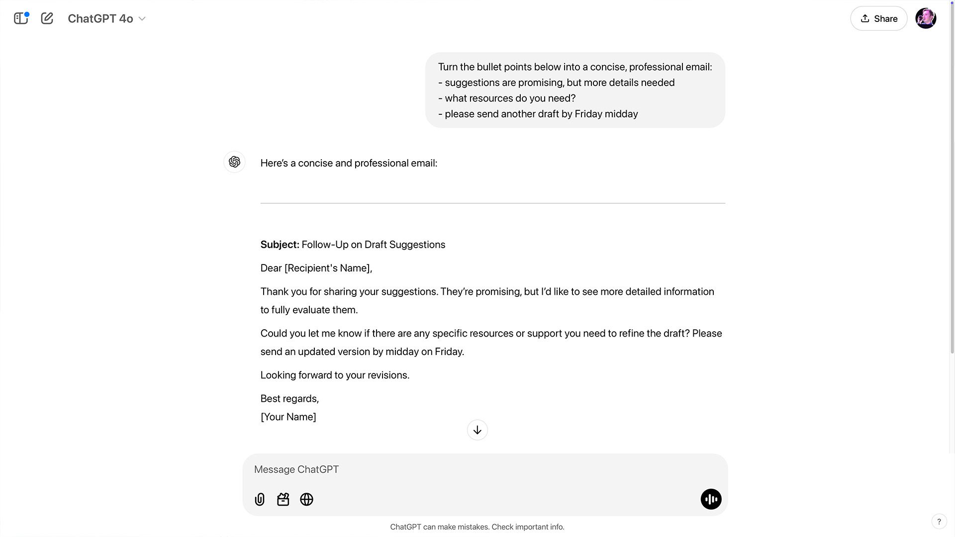 Esempio di utilizzo di ChatGPT per e-mail mediante punti elenco di messaggi brevi.